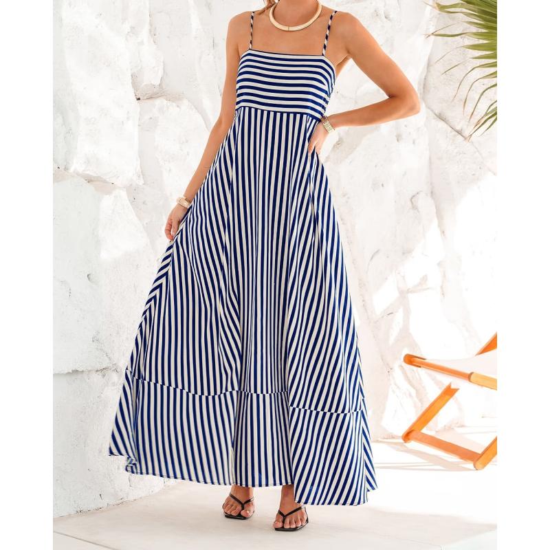 Size L Blue Line by Line Striped Maxi Dress