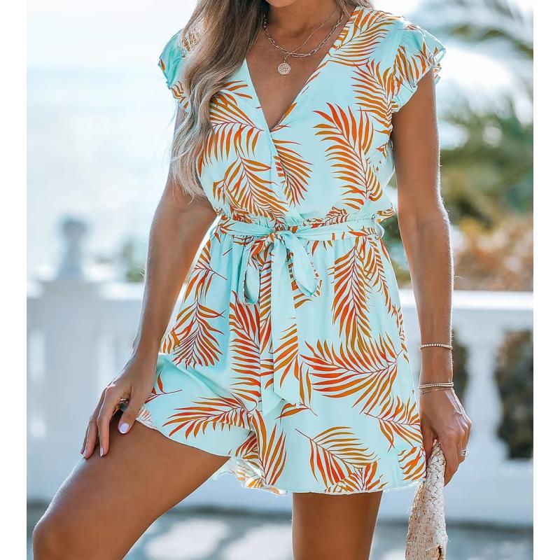 Size M Teal & Orange Tropical Flutter Sleeve Romper