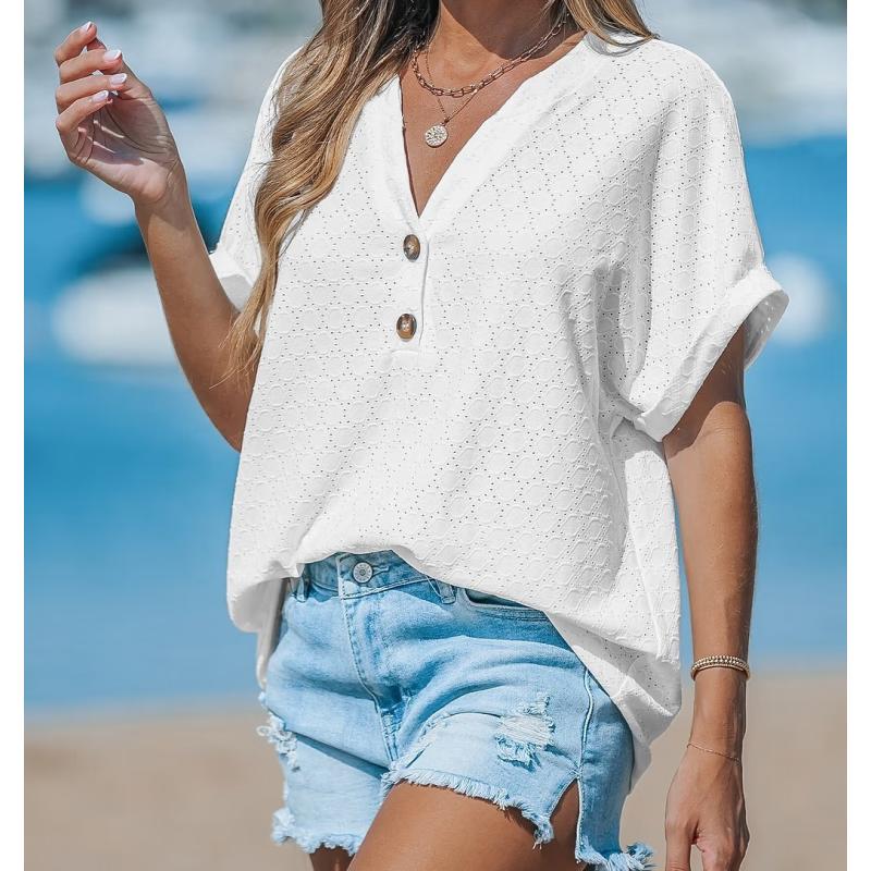White Size M Cutout Textured V-Neck Tee