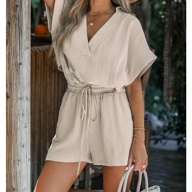Neutral Size M Drawstring Plunging V-Neck Romper