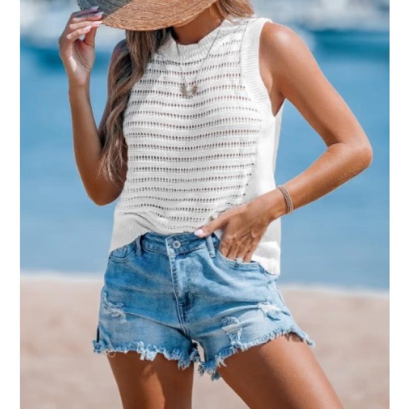 Size XL White Open-Knit Round Neck Cover-Up Tank