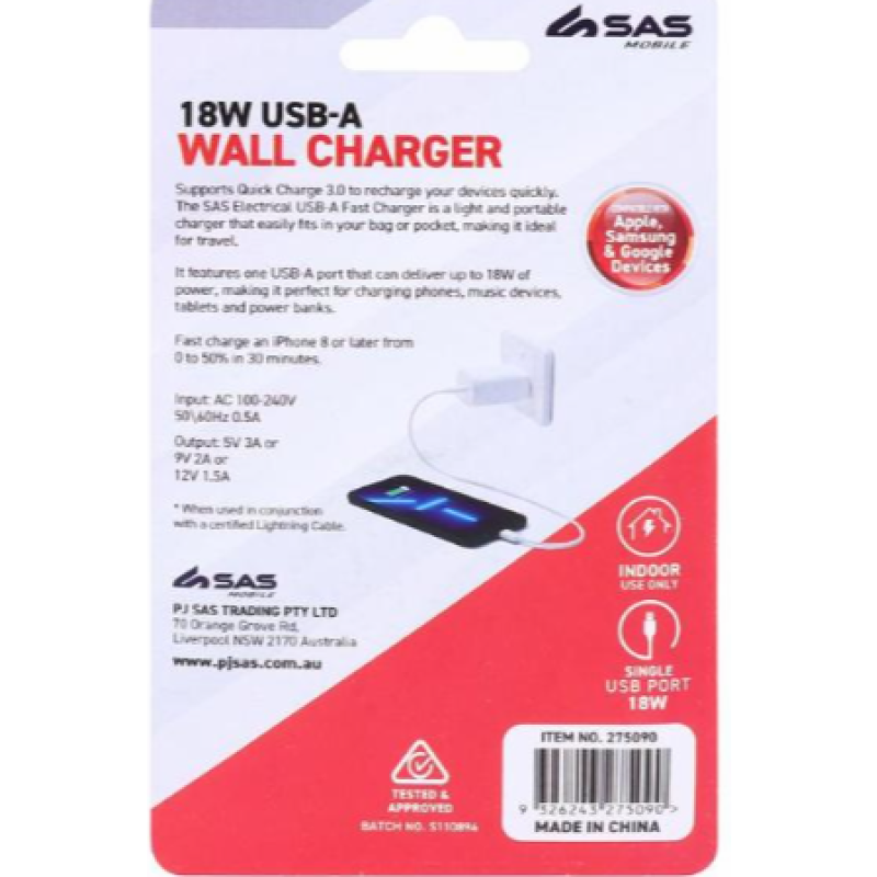 Charger 1-Port USB-A 18W White (Compatible with iPhones and Android Devices)