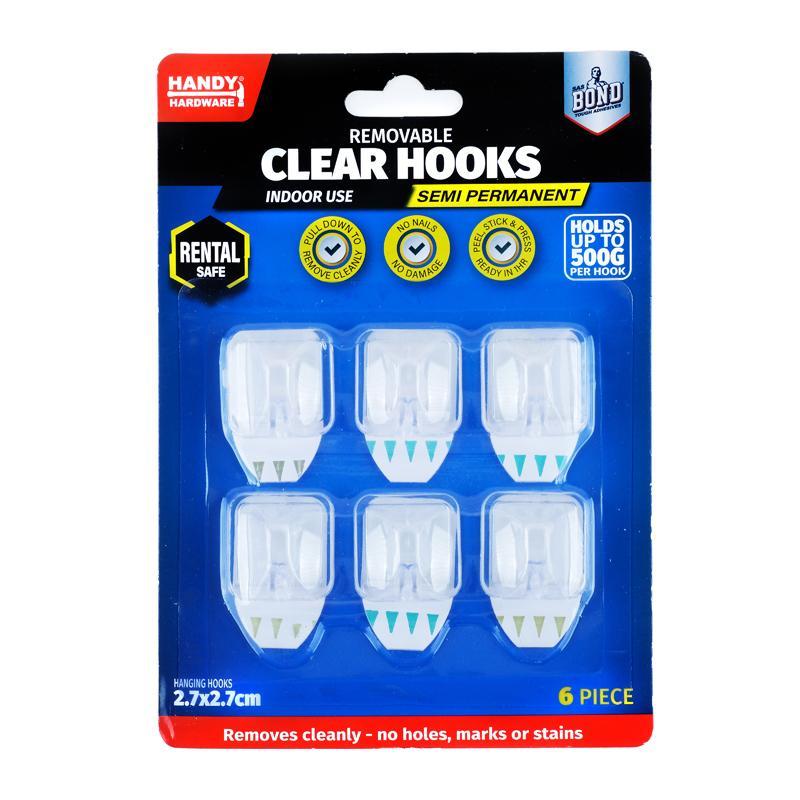 Removable Hooks Square Clear Plastic 27mm x 27mm 6pk (Holding Weight 500g) 