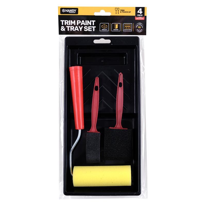 Paint Trim Kit 4pk (Includes 10cm Sponge Roller & Frame, 20mm Paint Brush, 40mm Paint Brush & Paint 
