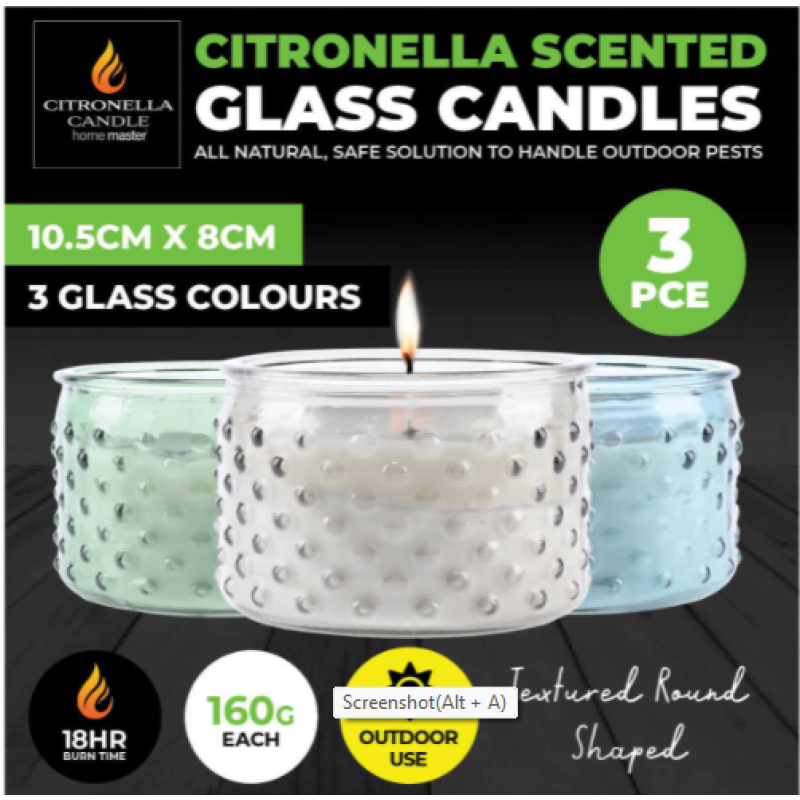 3PCE Citronella Scented Candles Textured Coloured Glass Pots 160g