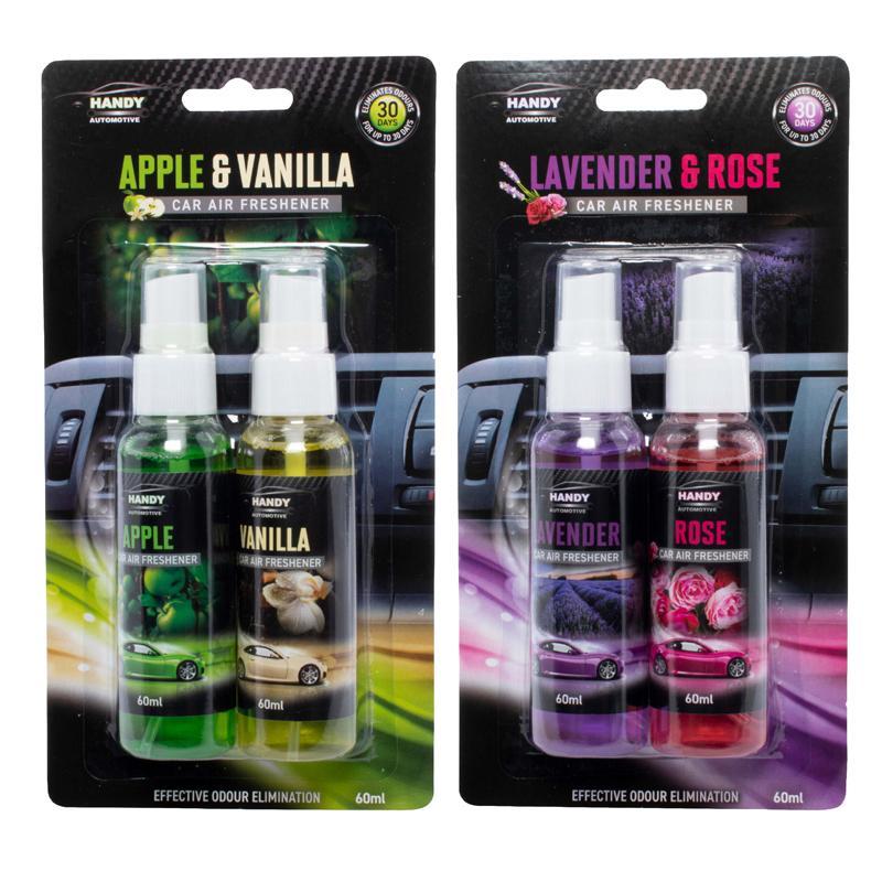 Car Air Freshener Spray 60ml each 2pk (2 Assorted Scents in Carton, Apple & Vanilla, Lavender & Rose